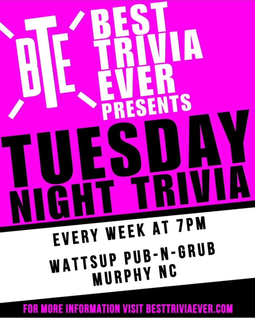 <p>WATTS UP FOLKS!! Be sure to join us for Tuesday trivia and pool tournament!! Break and run is over $300 per ball and we will continue to draw until there is a winnerl!!</p>