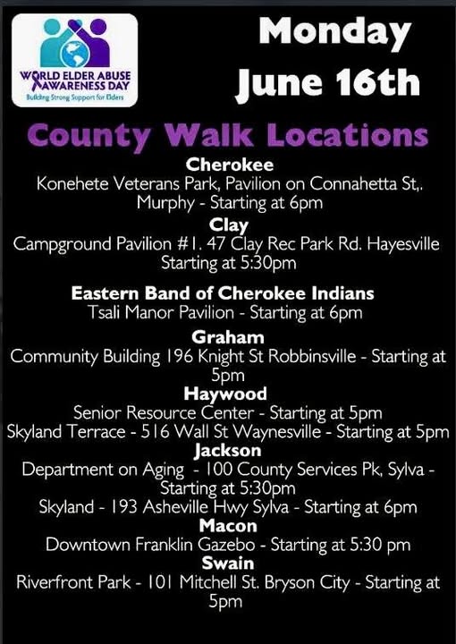 <p>Western NC to Host 13th Annual Elder Abuse Awareness Walk on June 16</p><p>Western North Carolina communities will come together on Monday, June 16 for the 13th Annual Elder Abuse Awareness Walk, themed “Walk in Their Shoes.” The event aims to raise awareness about elder abuse and show support for victims across the region.</p><p>The walk is happening in seven Western NC counties and on the Qualla Boundary, with times varying by location. Participants are encouraged to wear purple, walk with their neighbors, and stand up for the dignity and respect of older adults.</p><p>This year’s message is simple: Walk locally. Unite regionally. Every step counts in the fight to protect and honor our elders.<br>&nbsp;</p>