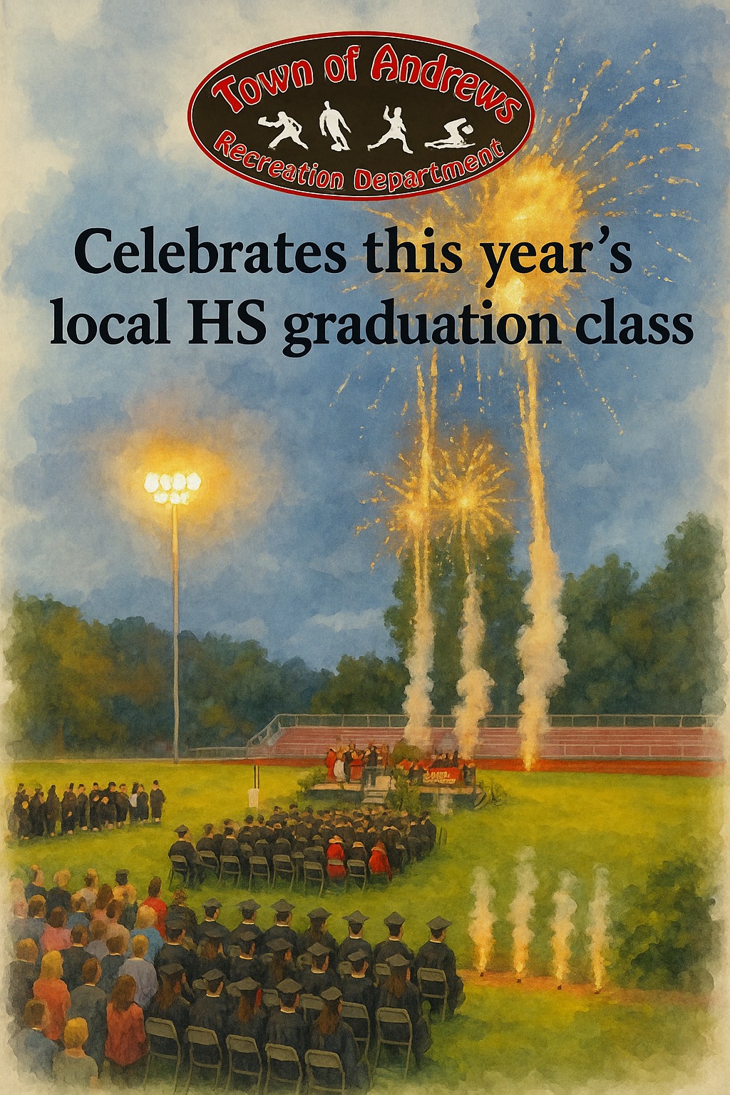<p>A Salute to Our 2025 Graduates 🎓</p><p>The Town of Andrews Parks &amp; Recreation Department extends heartfelt congratulations to the Andrews High School Class of 2025! Last night’s celebration lit up the sky — and our hearts — with fireworks, cheers, and a proud community gathered together under the lights.</p><p>From your first steps onto the field as young athletes, artists, and learners to your final steps across the graduation stage, we’ve watched you grow into young adults ready to shape the future. Your hard work, spirit, and resilience have not gone unnoticed. You’ve earned every bit of this moment.</p><p>We are proud to support and celebrate your accomplishments and the journey that lies ahead. Whether you’re headed to college, into the workforce, the military, or chasing your dreams another way — always remember: your hometown is cheering you on.</p><p>Special thanks to the faculty, families, and community members who made this evening unforgettable. And to the students — go forward boldly, stay grounded in your roots, and never forget where you came from.</p><p>Congratulations, Wildcats! 🐾</p><p>With pride,</p><p>Town of Andrews Recreation Department</p>