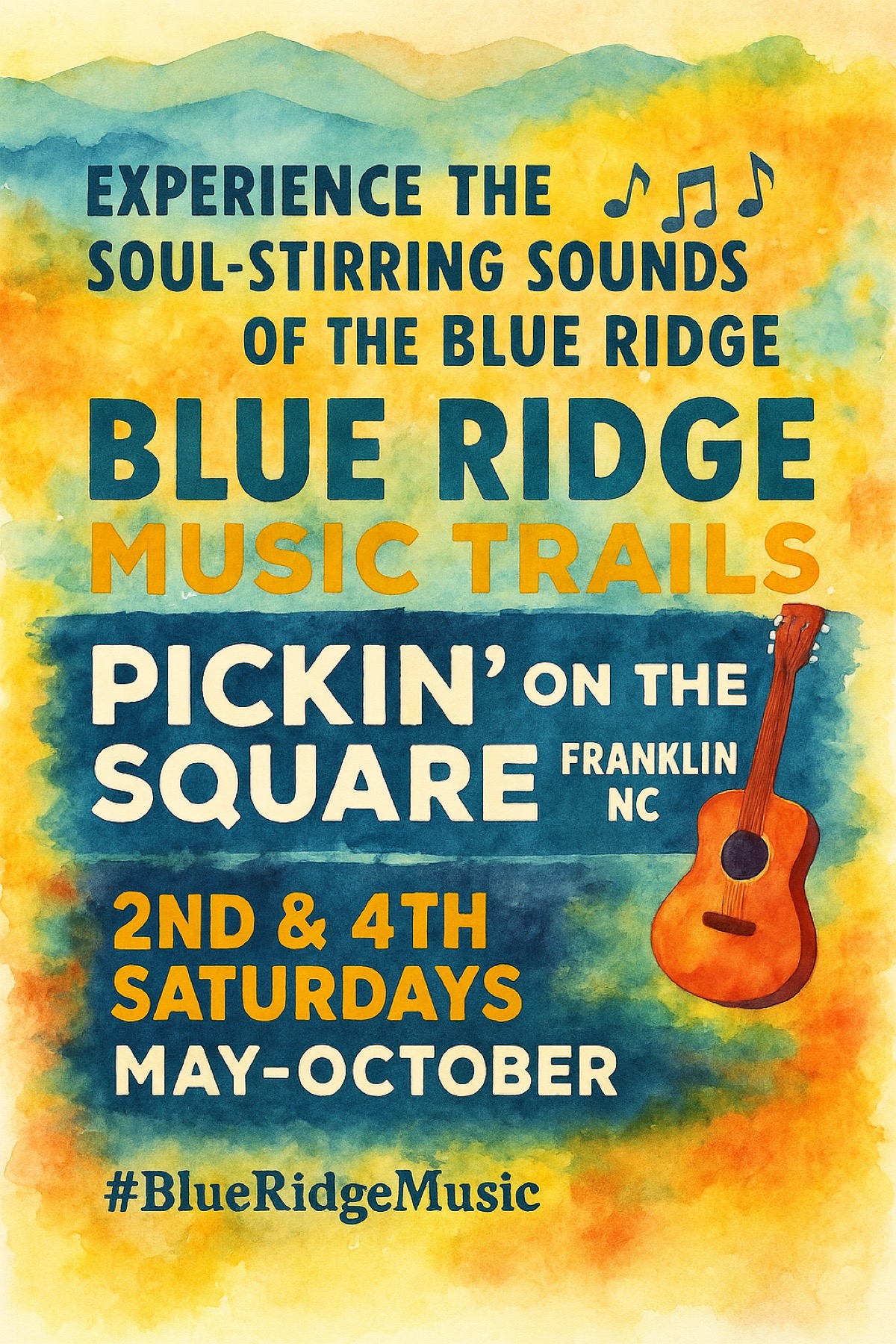 <p><strong>Pickin’ on the Square Returns This Summer</strong>&nbsp;</p><p>Experience the soul-stirring sounds of the Blue Ridge Mountains! 🎶✨ Blue Ridge Music Trails &nbsp;celebrate the rich heritage of Appalachian music, from foot-stomping bluegrass to old-time traditions passed down through generations.</p><p>One of the must-attend concert series along the trails is Pickin’ on the Square Franklin, NC 🎸 For over three decades, this FREE event has brought live music to the Gazebo on the Square in Downtown Franklin, running the 2nd and 4th Saturdays of each month from May 10 to October 11, 2025. Come enjoy bluegrass, country, oldies, and rock 'n' roll under the stars—just bring a lawn chair and soak up the tunes!</p><p>This year's dates:&nbsp;<br>🗓️ June 14, 2025 | June 28, 2025&nbsp;<br>🗓️ July 12, 2025 | July 26, 2025&nbsp;<br>🗓️ August 9, 2025 | August 23, 2025&nbsp;<br>🗓️ September 13, 2025 | September 27, 2025&nbsp;<br>🗓️ October 11, 2025</p><p>Pickin’ on the Square kicks off at 6:00 p.m. (weather permitting)—so get ready for a great evening of family fun and unforgettable music.</p><p>Come tap your toes, embrace the rhythm, and rediscover the sounds that make the Smokies sing!&nbsp;</p><p>#BlueRidgeMusic #AppalachianTradition #PickinOnTheSquare #VisitSmokies #LoveNCSmokies&nbsp;<br>&nbsp;</p><p><a href="https://www.visitsmokies.org/listings/blue-ridge-music-trails">Learn More: https://www.visitsmokies.org/listings/blue-ridge-music-trails/</a></p>