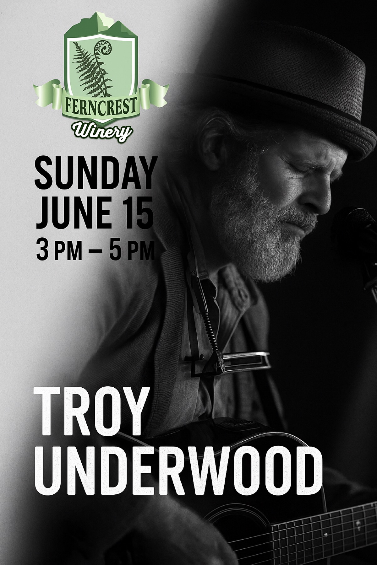 <p><strong>Singer Songwriter Sunday with Troy Underwood 🎶</strong></p><p>Sunday, June 15 | 3–5 PM at FernCrest Winery</p><p>There’s no better way to wind down the weekend than with live music, fine wine, and good company in the heart of Andrews. Join us at FernCrest Winery Tasting Room on Sunday, June 15th from 3 to 5 PM as we welcome back Troy Underwood for our Singer Songwriter Sunday Series.</p><p>Troy brings a raw, soulful style that feels right at home here in the mountains—authentic, heartfelt, and deeply resonant. Whether you’re a longtime fan or hearing him for the first time, you’ll be moved by his honest lyrics and rich acoustic sound.</p><p>🌧 Rain or shine, the music will go on, and our award-winning wines will be flowing.</p><p>🍷 Make it a full experience—sample our handcrafted wines made from grapes like Chardonel, Vidal Blanc, and Cynthiana. Ask us about pairing recommendations or browse our curated selection of local cheeses and artisan treats. Every bottle tells a story, and we love sharing it with our guests.</p><p>🕰 Tasting Room Hours</p><ul><li>Thurs–Fri: 12:30–6:30 PM</li><li>Sat–Sun: 12:30–5:30 PM</li><li>Private tastings available by appointment</li></ul><p>📍 Location</p><p>FernCrest Winery Tasting Room&nbsp;<br>1060 Main Street, Andrews, NC 28901</p><p>Whether you’re here for the tunes, the wine, or both—we welcome you to relax, sip, and stay a while. Come find out why so many locals and visitors alike fall in love with FernCrest.</p><p>— Jan &amp; Kurt Olson, Owners</p>