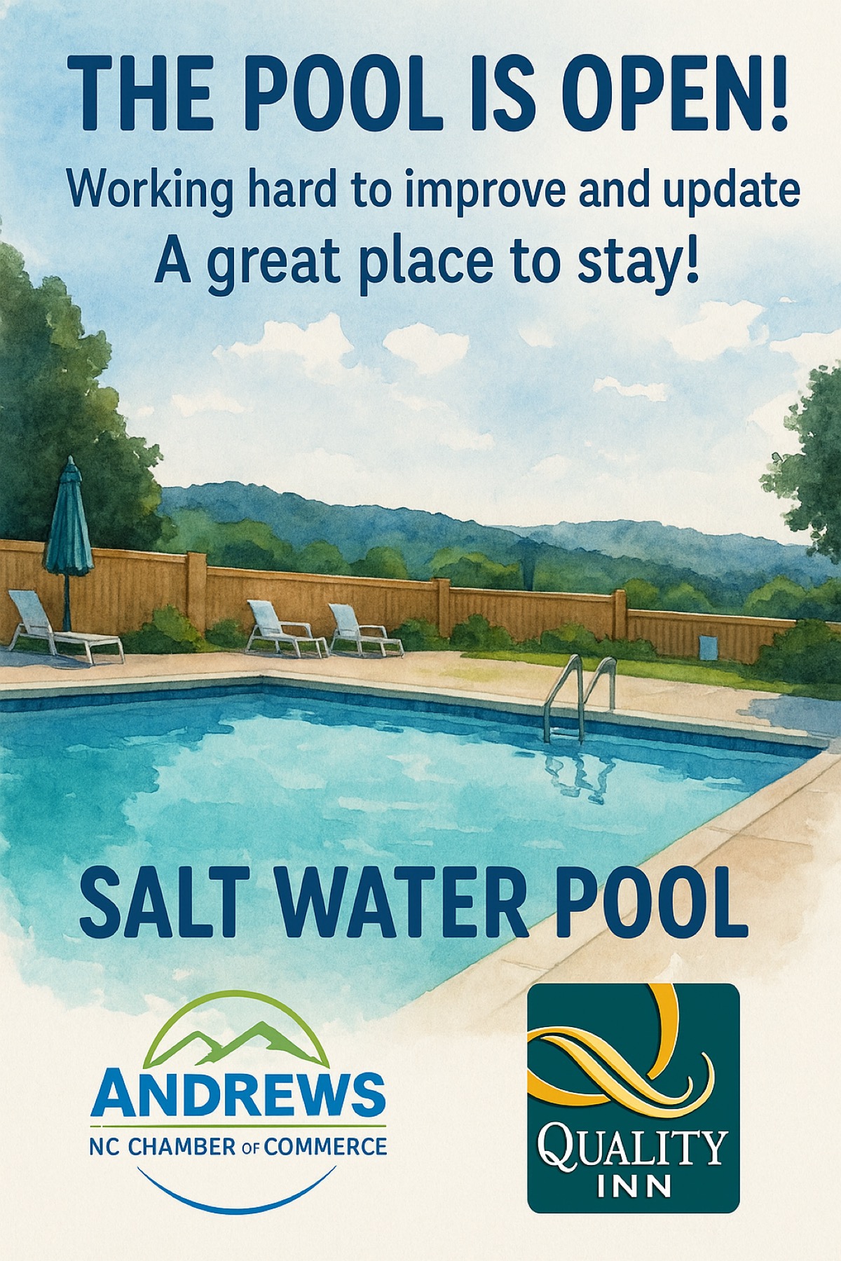 <p>A Refreshing Update from One of Our Chamber Members!</p><p>At the Andrews NC Chamber of Commerce, we’re proud to support all our member businesses, big and small. When they invest in our town, we believe it’s worth sharing. That’s why we’re happy to spotlight one of our lodging members that’s been making waves this summer—literally.</p><p>The Quality Inn of Andrews has officially opened their salt water pool, just in time for the summer heat. With beautiful mountain views as your backdrop, it’s a relaxing spot whether you’re traveling for business, vacation, or family gatherings. The crisp, clean saltwater is an added touch that makes your stay even more enjoyable.</p><p>But it doesn’t stop there—behind the scenes, the team has been hard at work on significant property improvements. From a major second-floor renovation project to an upgraded pool filtration system, they’ve taken extra steps to ensure guest comfort and safety. These enhancements reflect a strong commitment to hospitality, and we’re grateful to have them as part of the Andrews business community.</p><p>So whether you’re a visitor exploring our scenic town or a local looking to recommend a great place to stay, the Quality Inn is ready to welcome you.</p><p>🛏️ 50 rooms with amenities like refrigerators, microwaves, and laundry</p><p>🏊‍♂️ Freshly opened saltwater pool</p><p>🛠️ Ongoing improvements to enhance every stay</p><p>We invite you to stop by, stay a while, and see the progress for yourself. Supporting our chamber members supports the whole community.</p><p>#WNCOpenForBusiness #AndrewsNC #SaltwaterPool #QualityInnAndrews #ChamberSpotlight #StayInAndrews #ExploreCherokeeCounty</p>